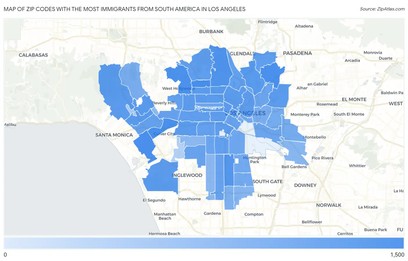 Zip Codes with the Most Immigrants from South America in Los Angeles Map