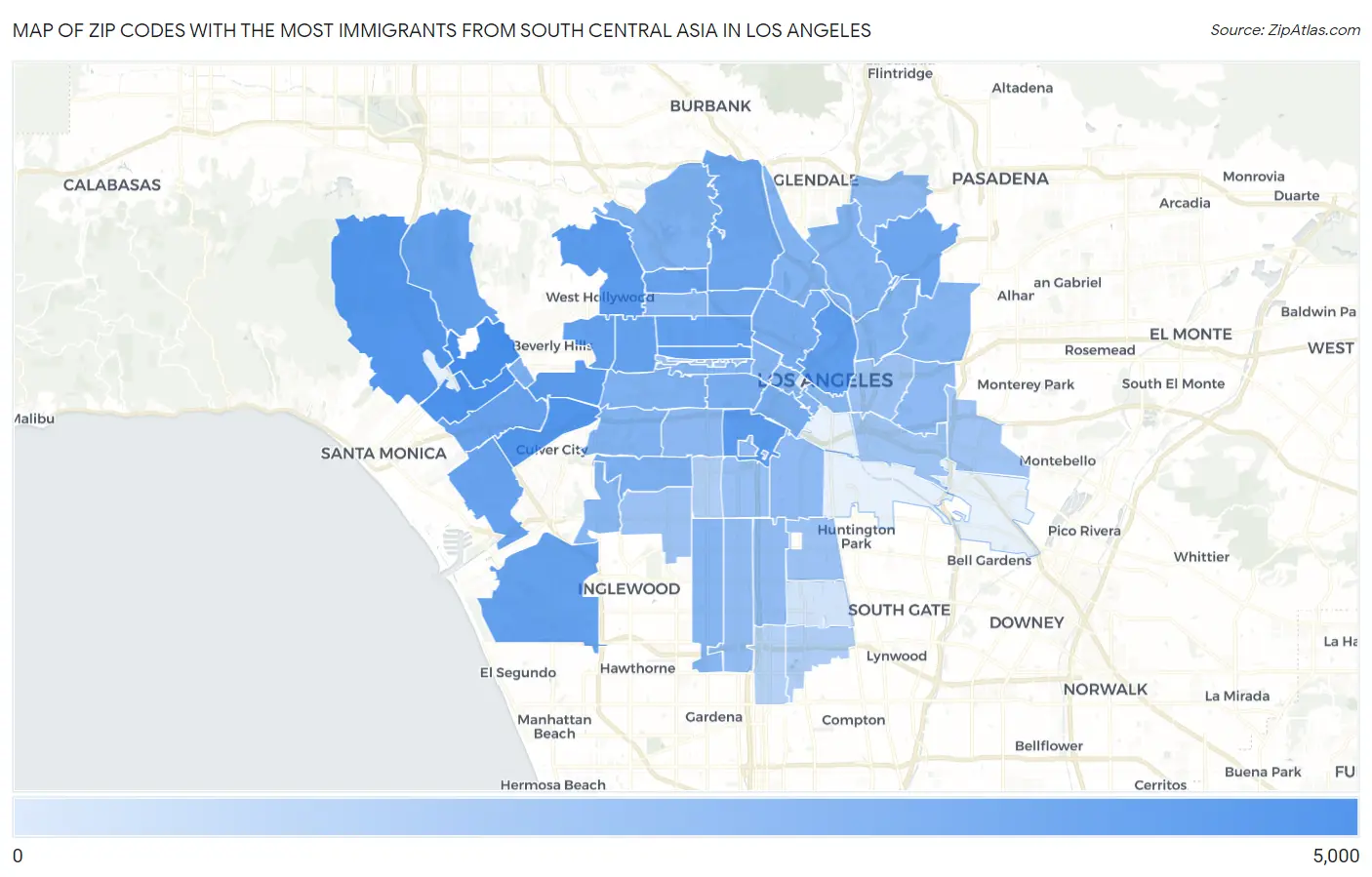 Zip Codes with the Most Immigrants from South Central Asia in Los Angeles Map