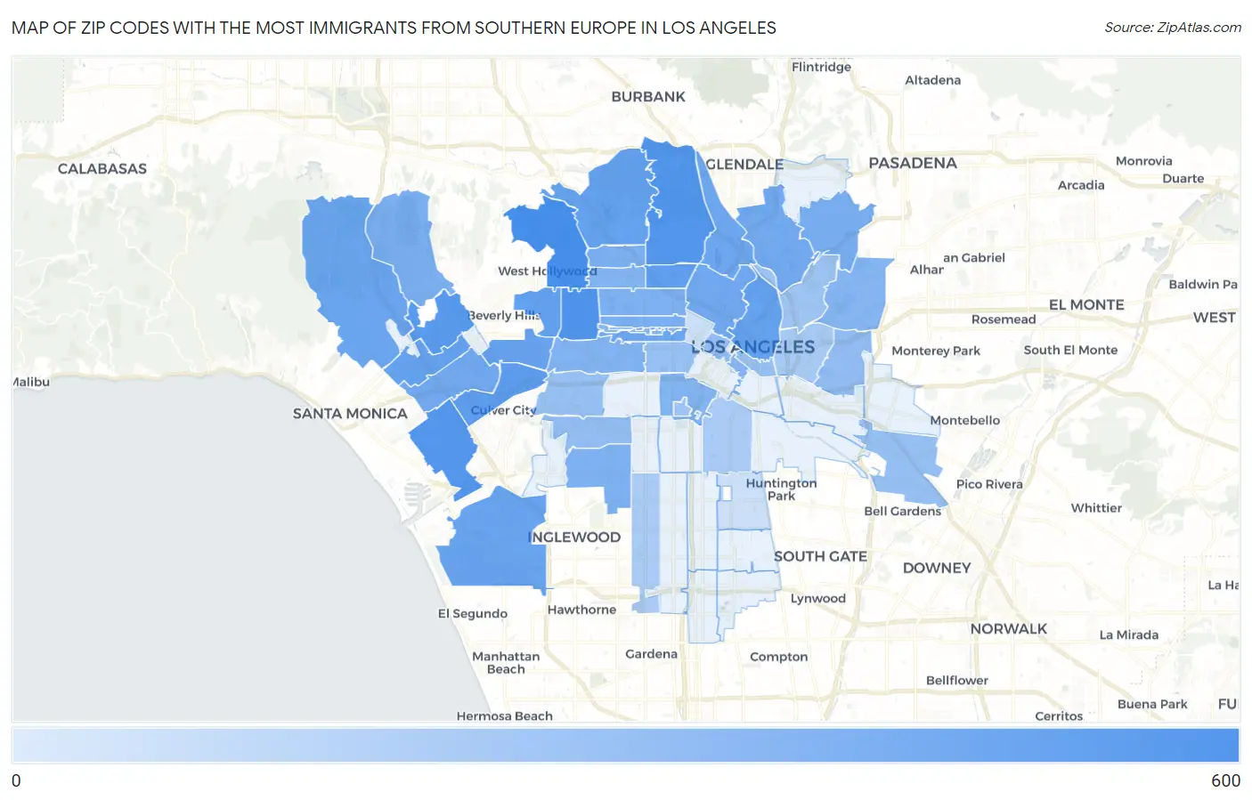 Zip Codes with the Most Immigrants from Southern Europe in Los Angeles Map