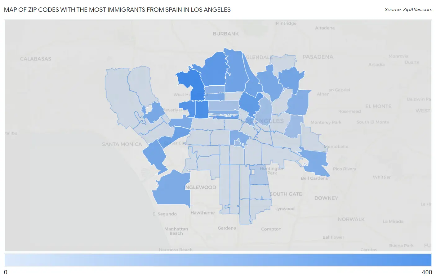 Zip Codes with the Most Immigrants from Spain in Los Angeles Map
