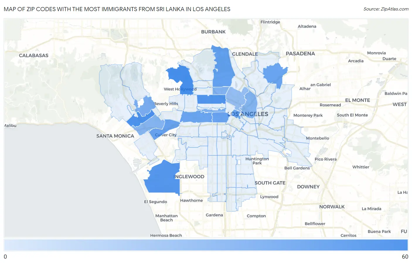 Zip Codes with the Most Immigrants from Sri Lanka in Los Angeles Map