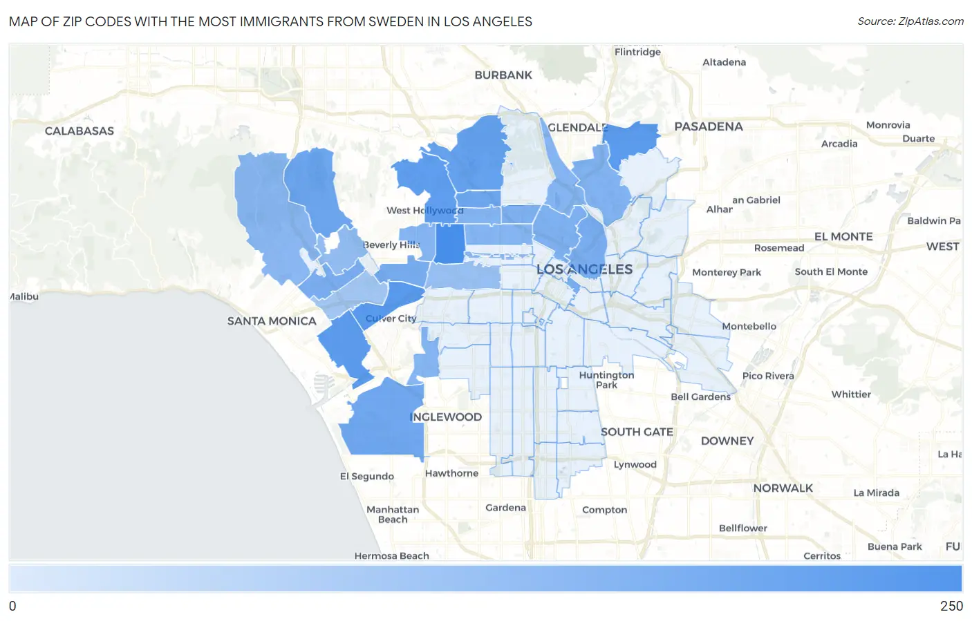 Zip Codes with the Most Immigrants from Sweden in Los Angeles Map