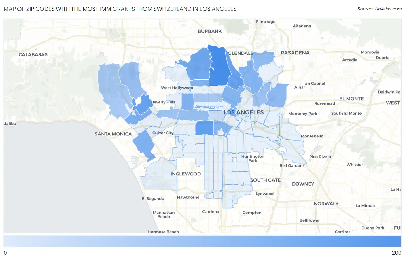 Zip Codes with the Most Immigrants from Switzerland in Los Angeles Map