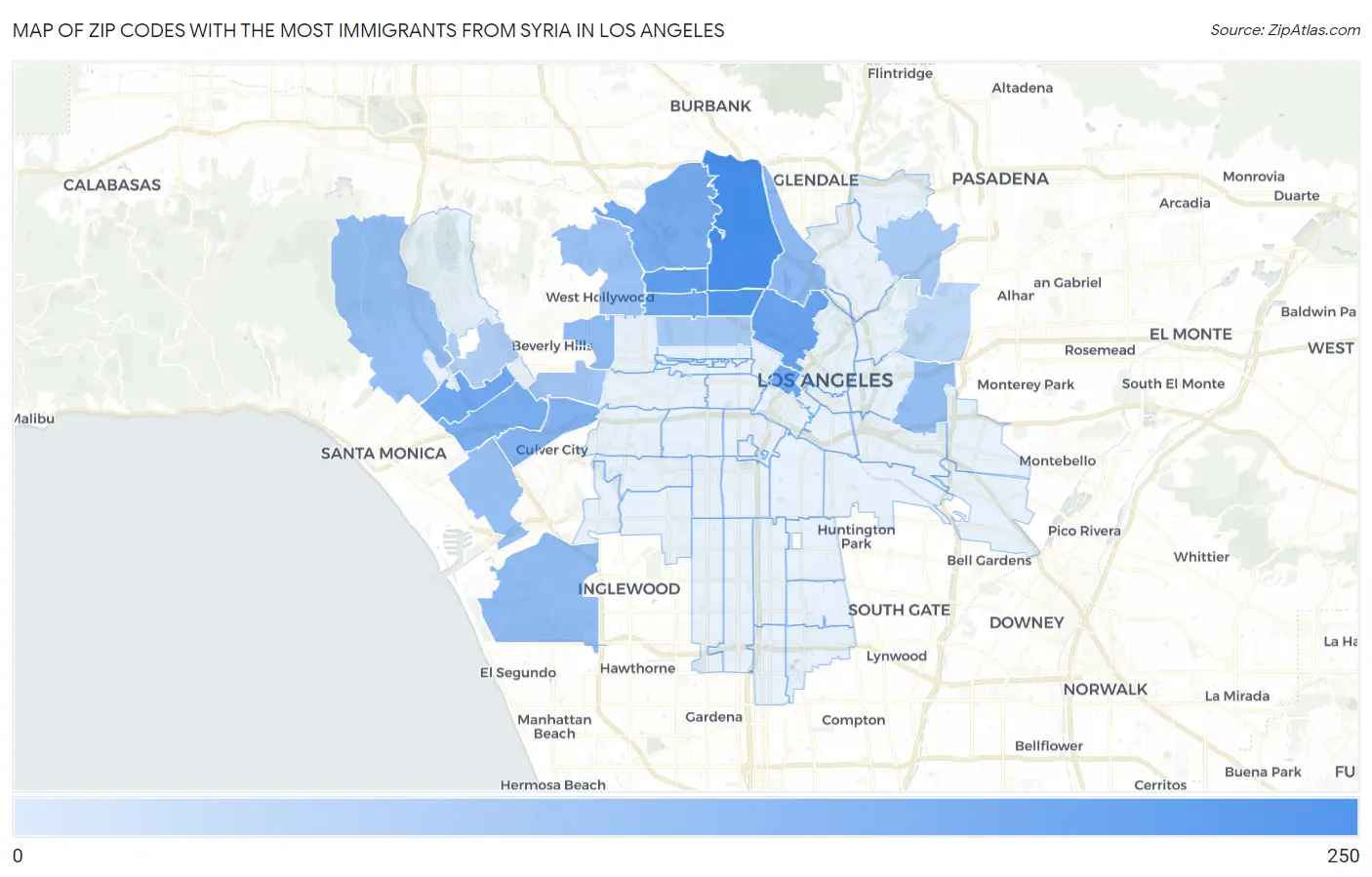 Zip Codes with the Most Immigrants from Syria in Los Angeles Map