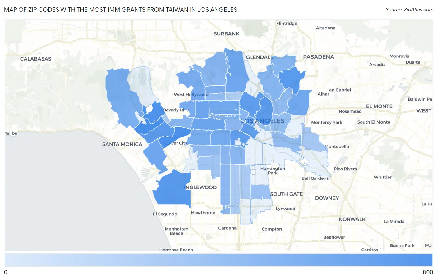 Zip Codes with the Most Immigrants from Taiwan in Los Angeles Map