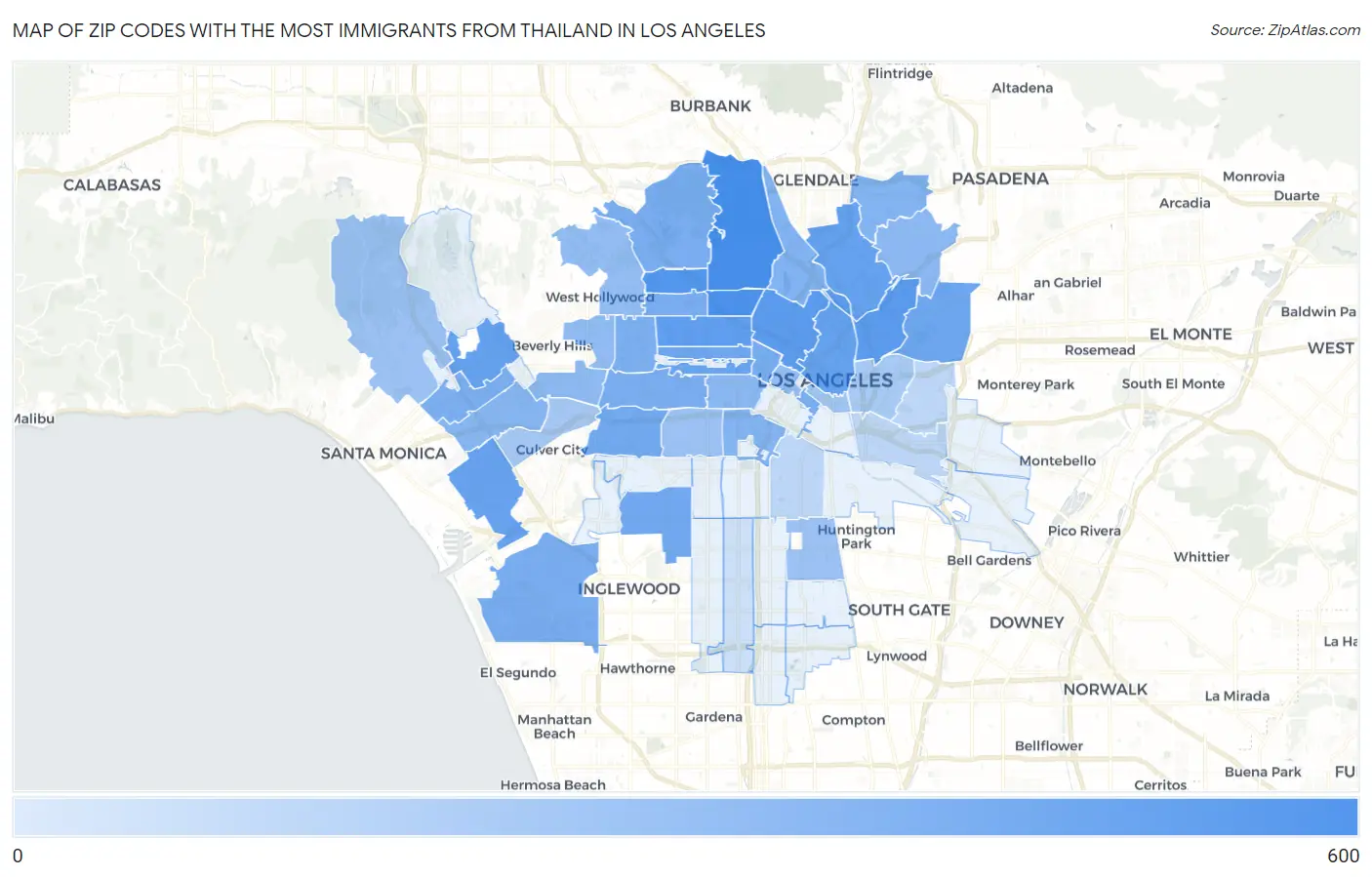 Zip Codes with the Most Immigrants from Thailand in Los Angeles Map