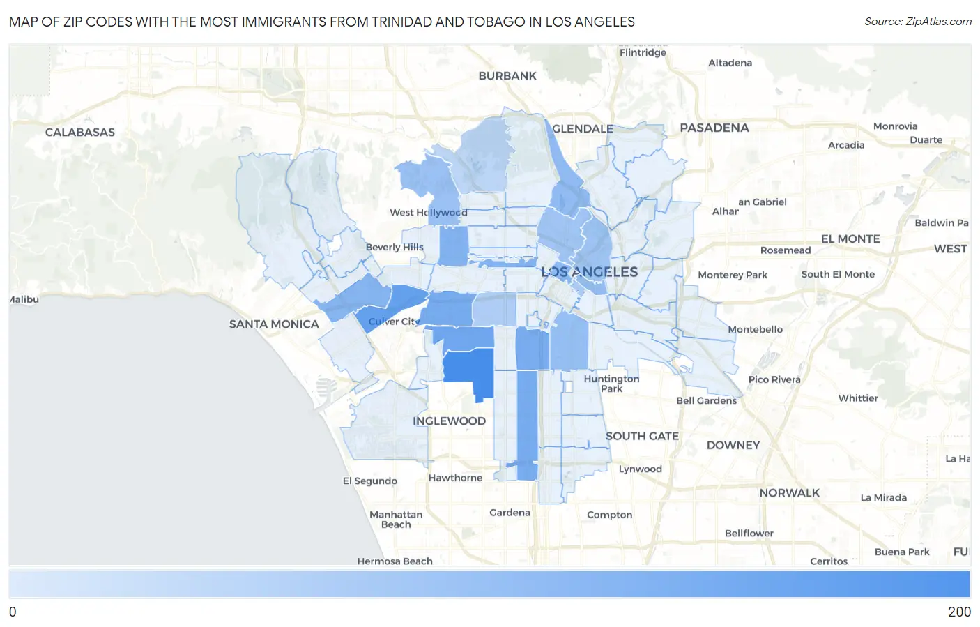 Zip Codes with the Most Immigrants from Trinidad and Tobago in Los Angeles Map
