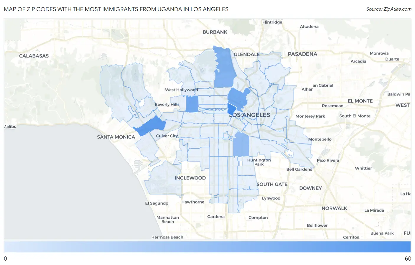 Zip Codes with the Most Immigrants from Uganda in Los Angeles Map