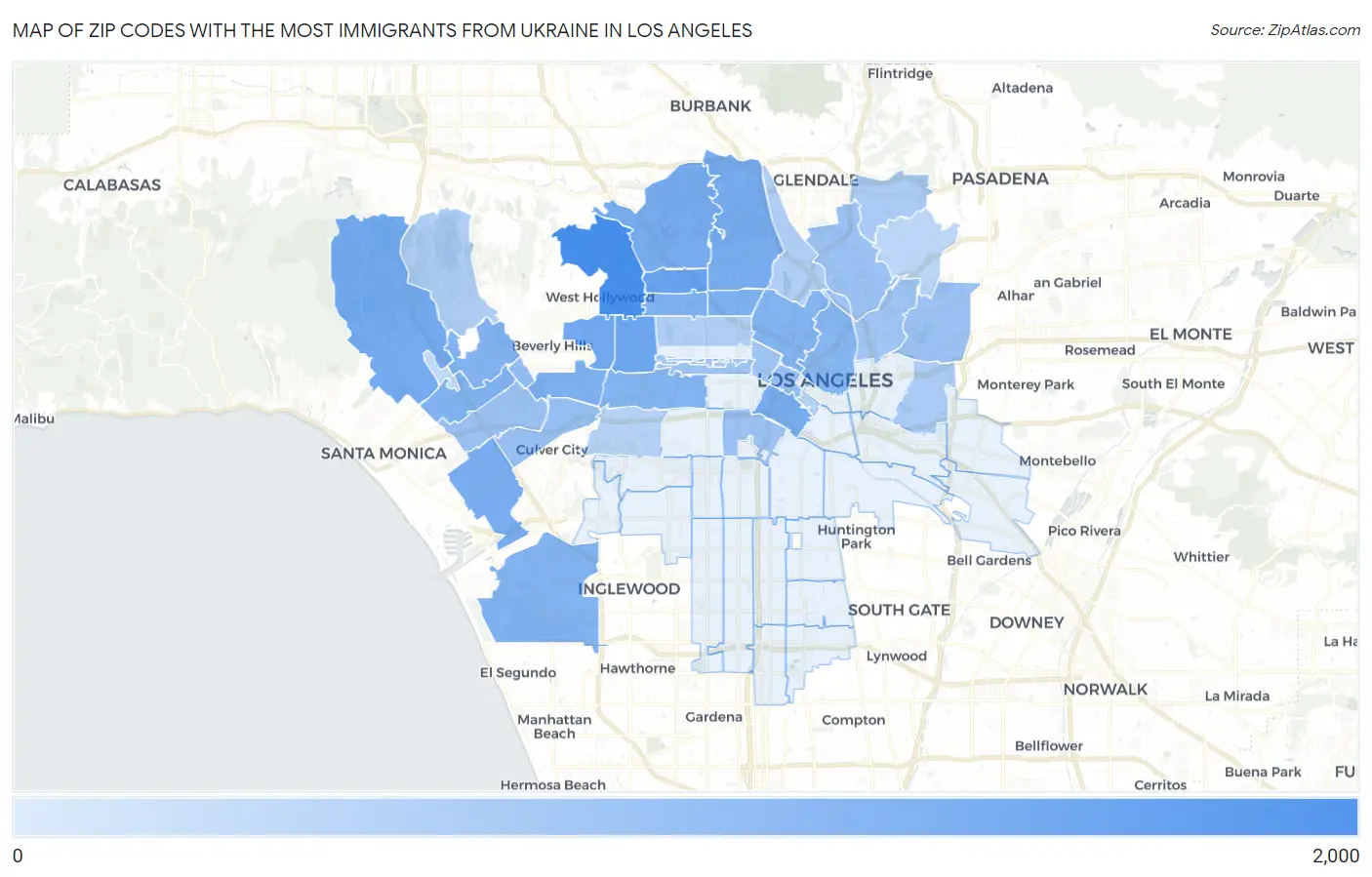 Zip Codes with the Most Immigrants from Ukraine in Los Angeles Map