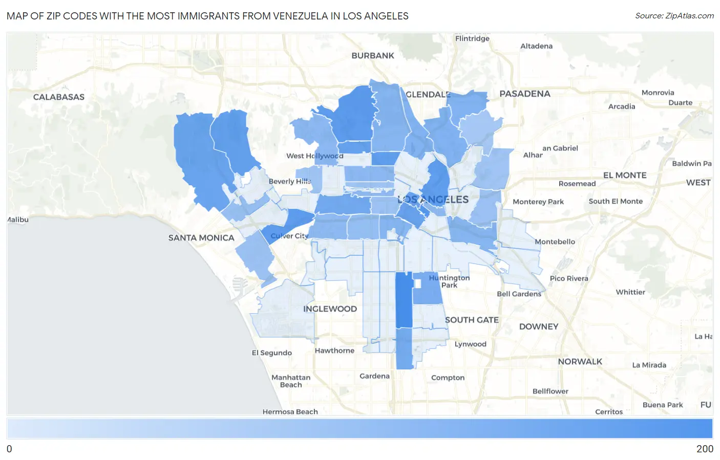 Zip Codes with the Most Immigrants from Venezuela in Los Angeles Map