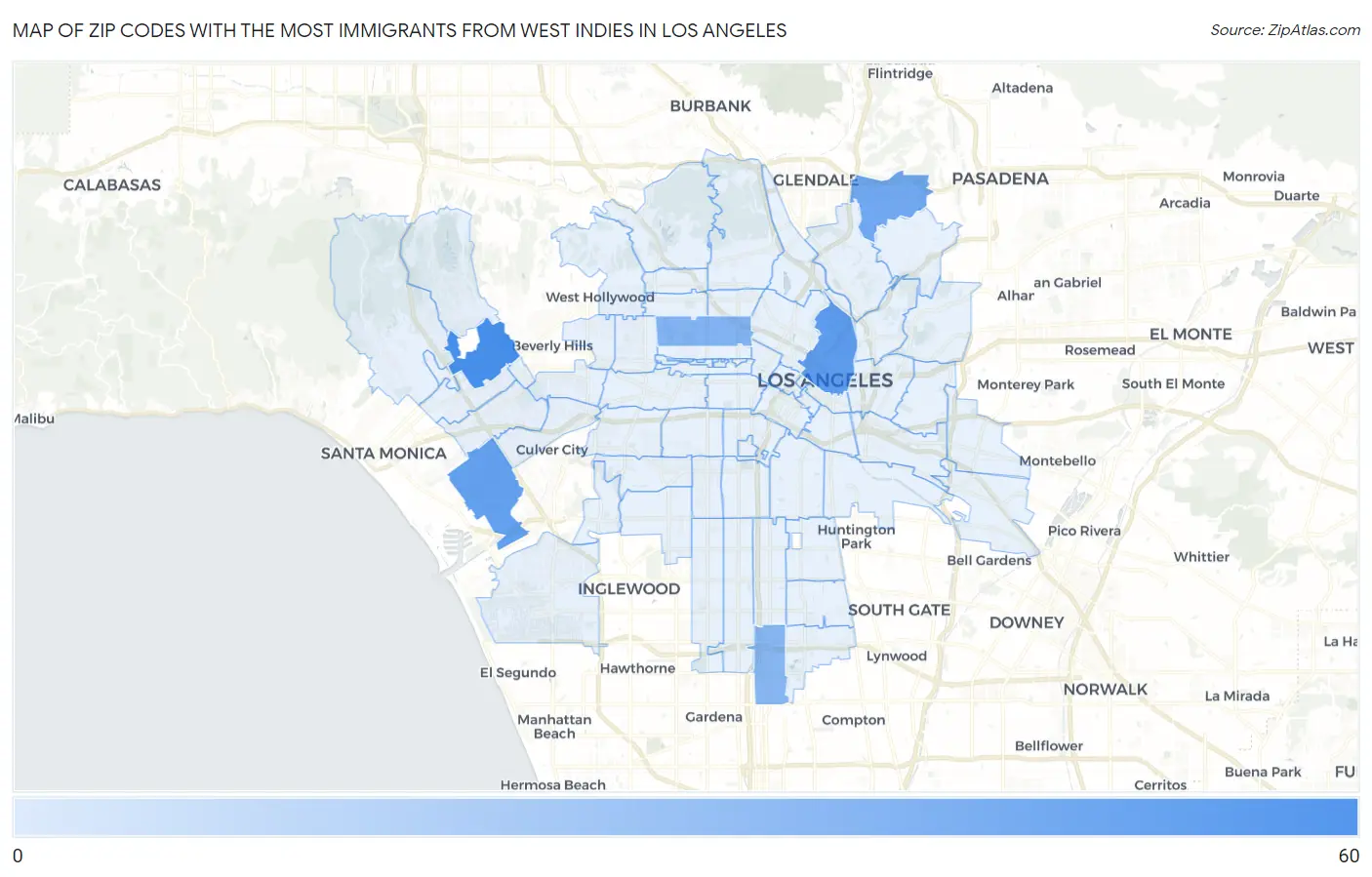 Zip Codes with the Most Immigrants from West Indies in Los Angeles Map