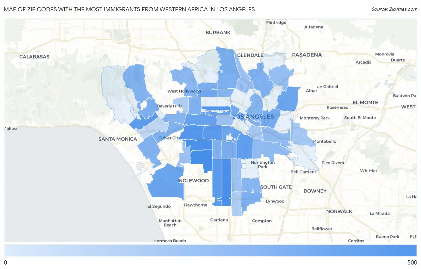 Zip Codes with the Most Immigrants from Western Africa in Los Angeles Map