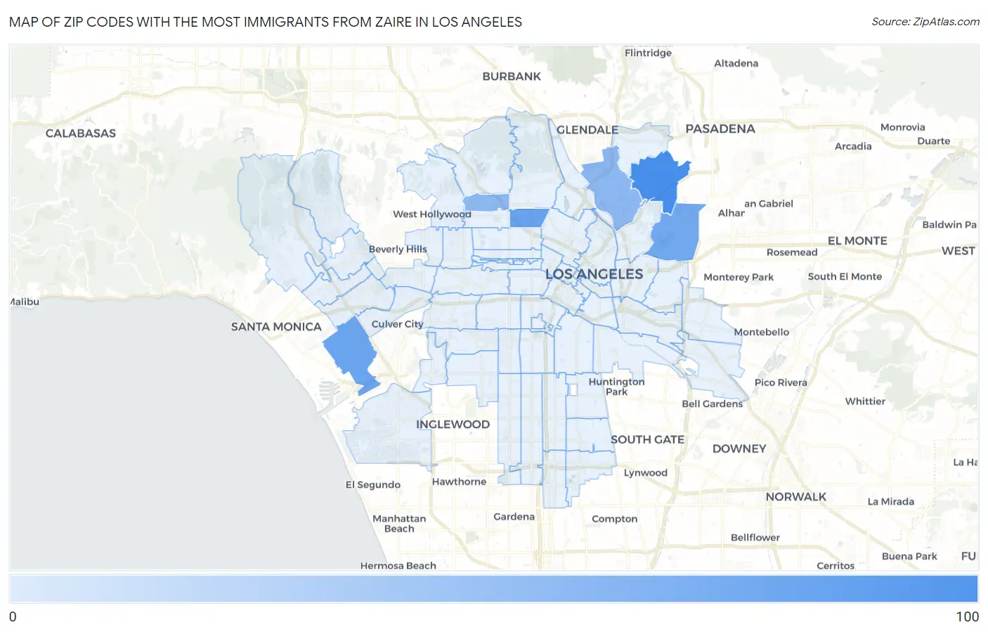 Zip Codes with the Most Immigrants from Zaire in Los Angeles Map