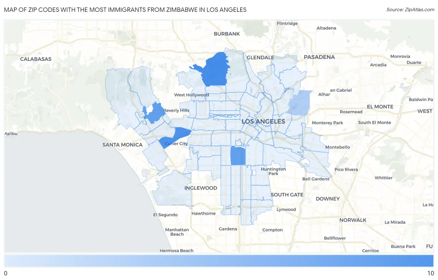Zip Codes with the Most Immigrants from Zimbabwe in Los Angeles Map