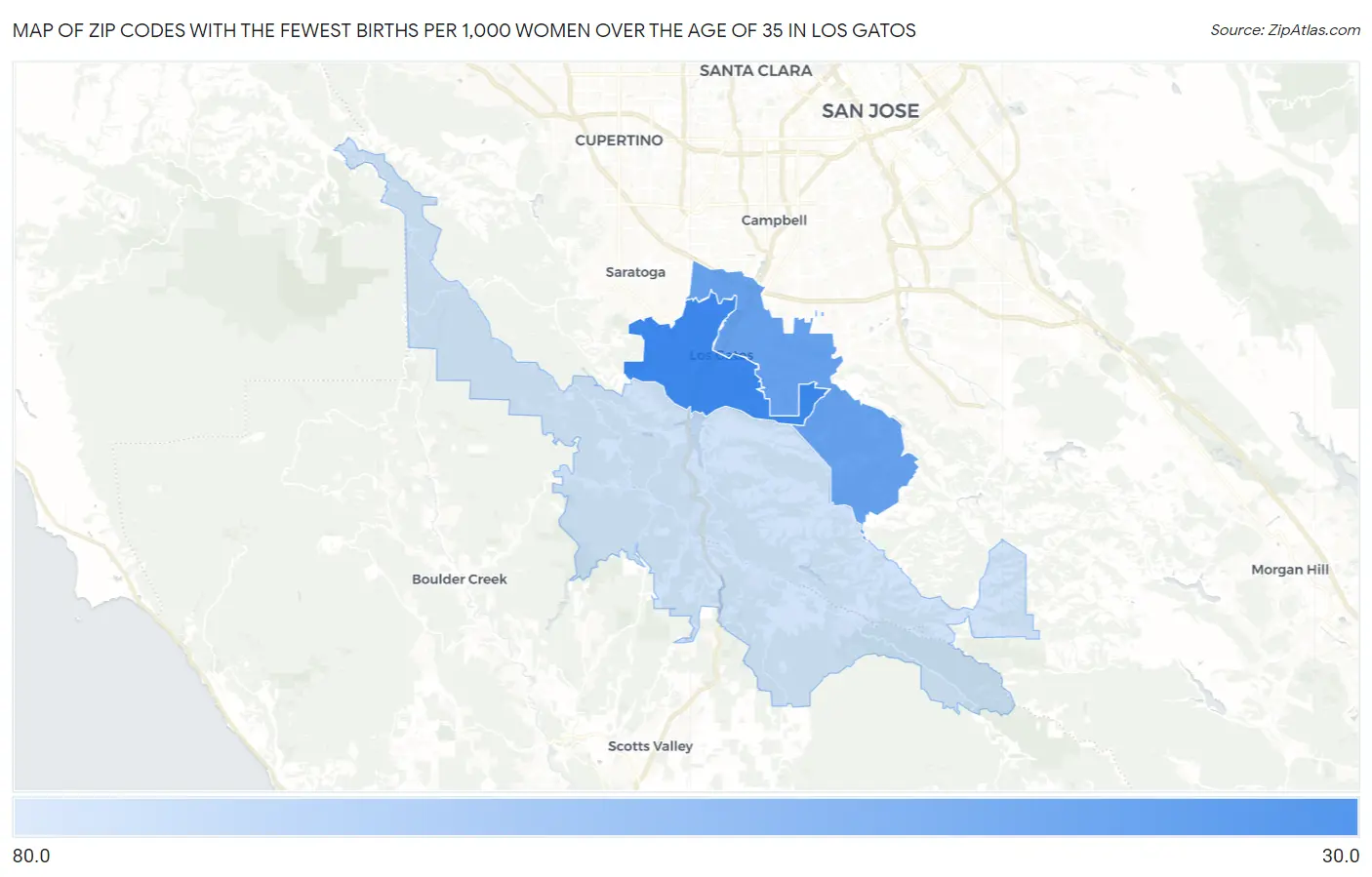 Zip Codes with the Fewest Births per 1,000 Women Over the Age of 35 in Los Gatos Map
