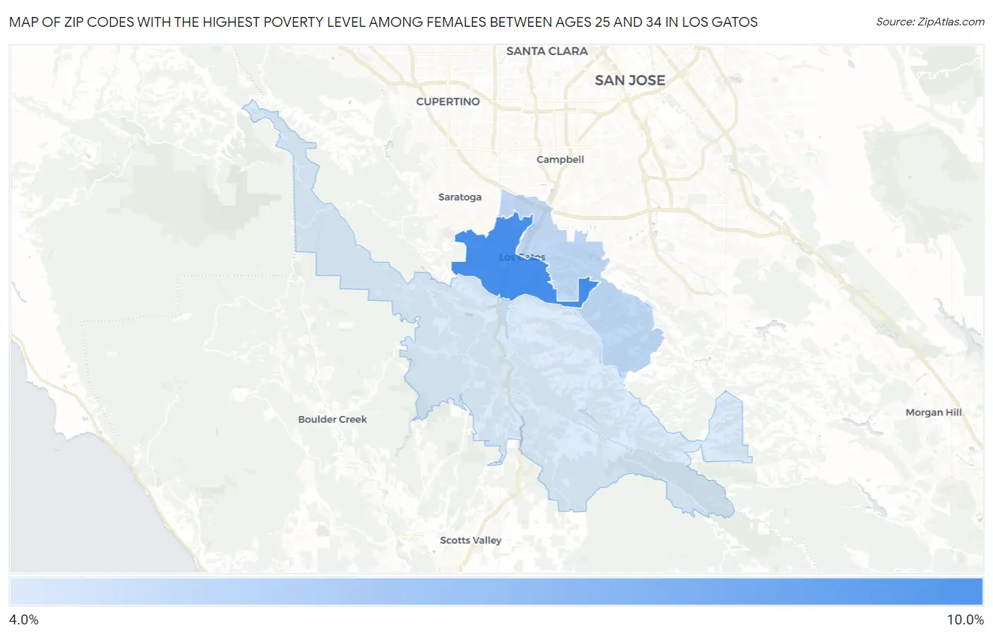 Zip Codes with the Highest Poverty Level Among Females Between Ages 25 and 34 in Los Gatos Map