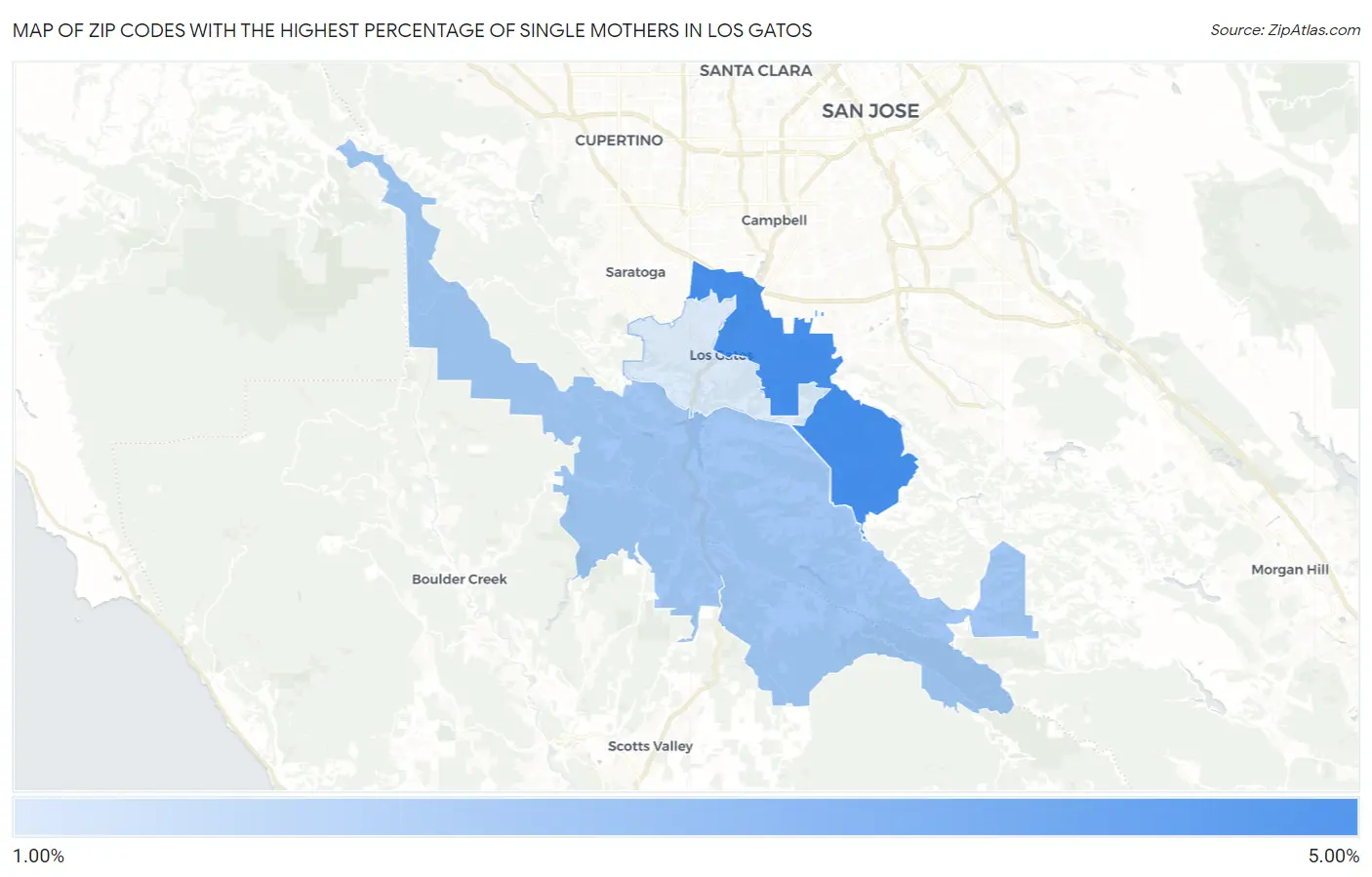 Zip Codes with the Highest Percentage of Single Mothers in Los Gatos Map