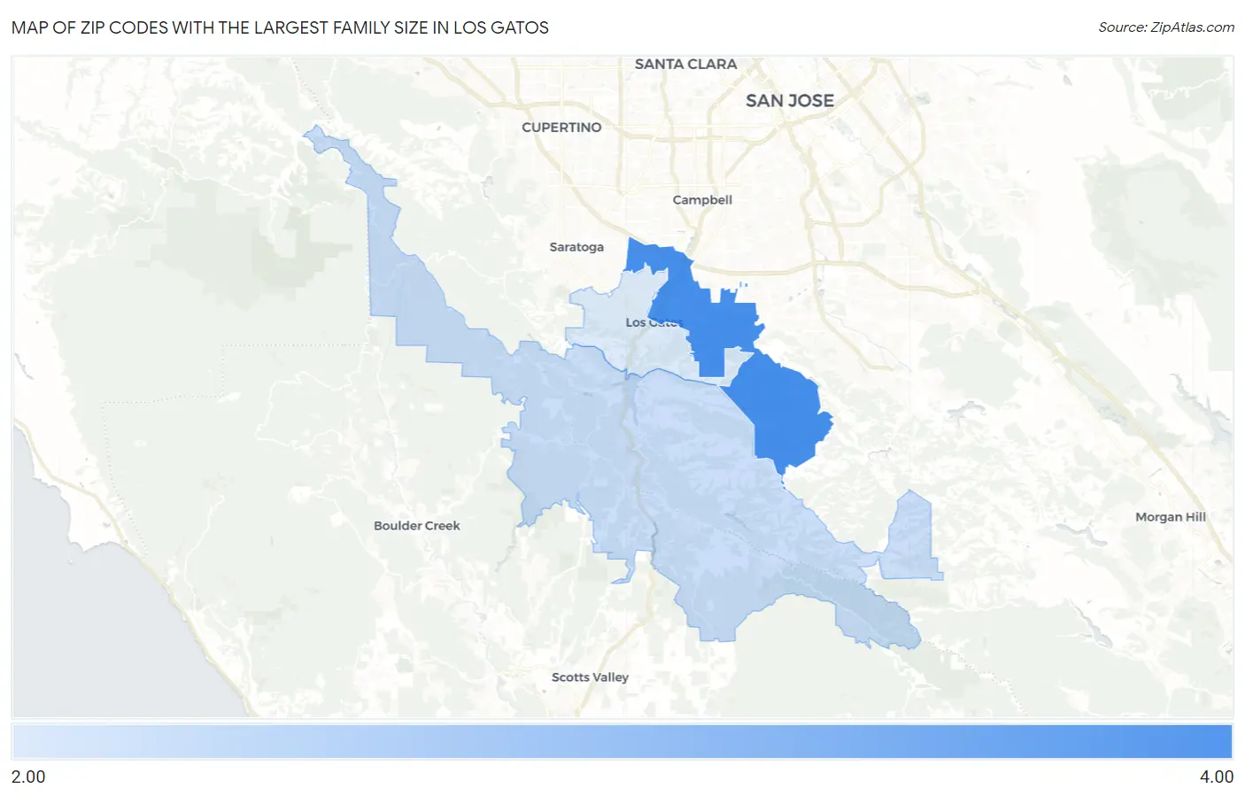 Zip Codes with the Largest Family Size in Los Gatos Map
