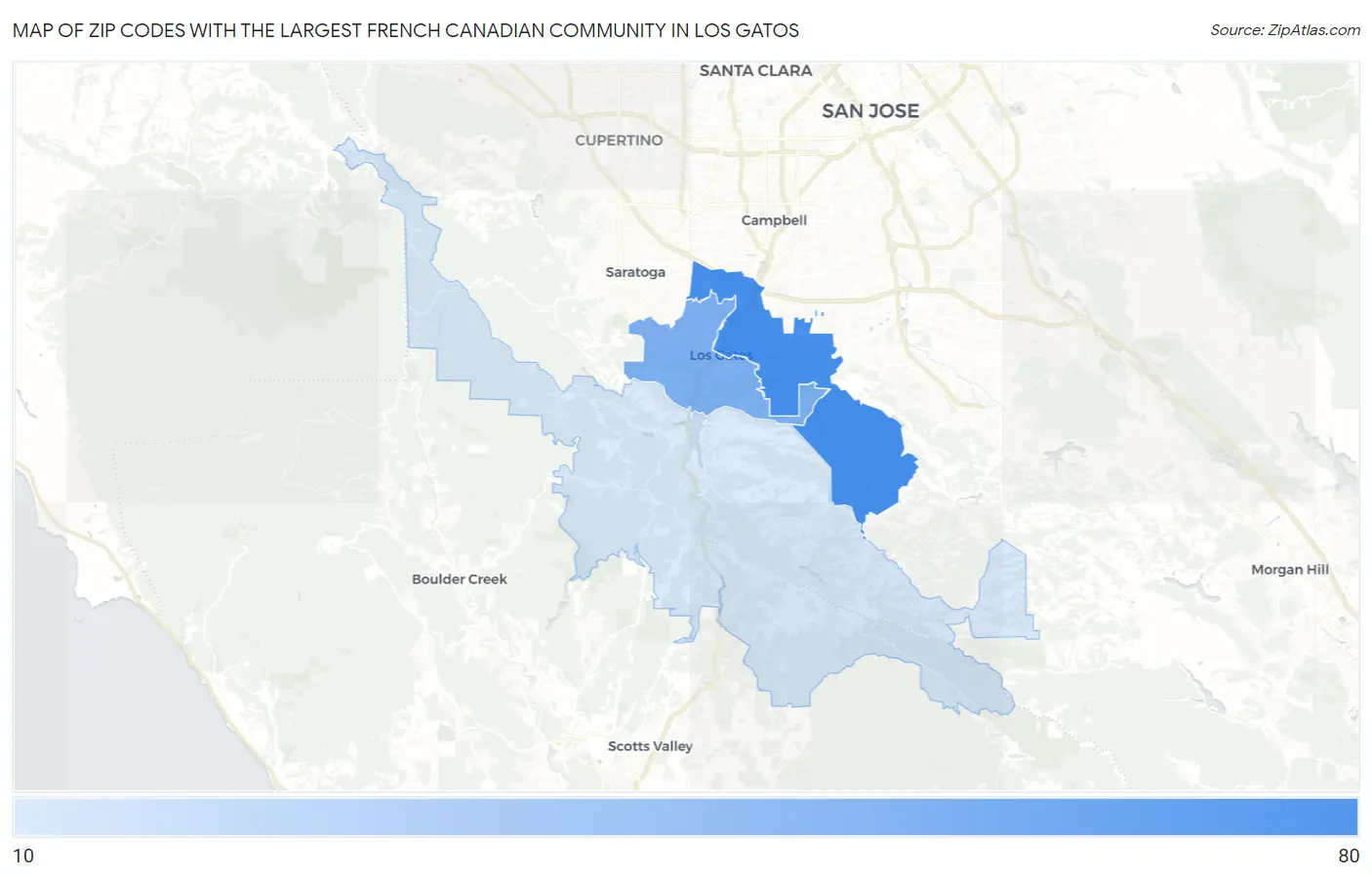 Zip Codes with the Largest French Canadian Community in Los Gatos Map