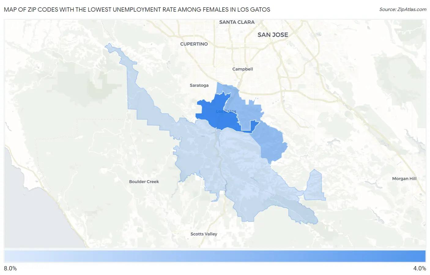 Zip Codes with the Lowest Unemployment Rate Among Females in Los Gatos Map