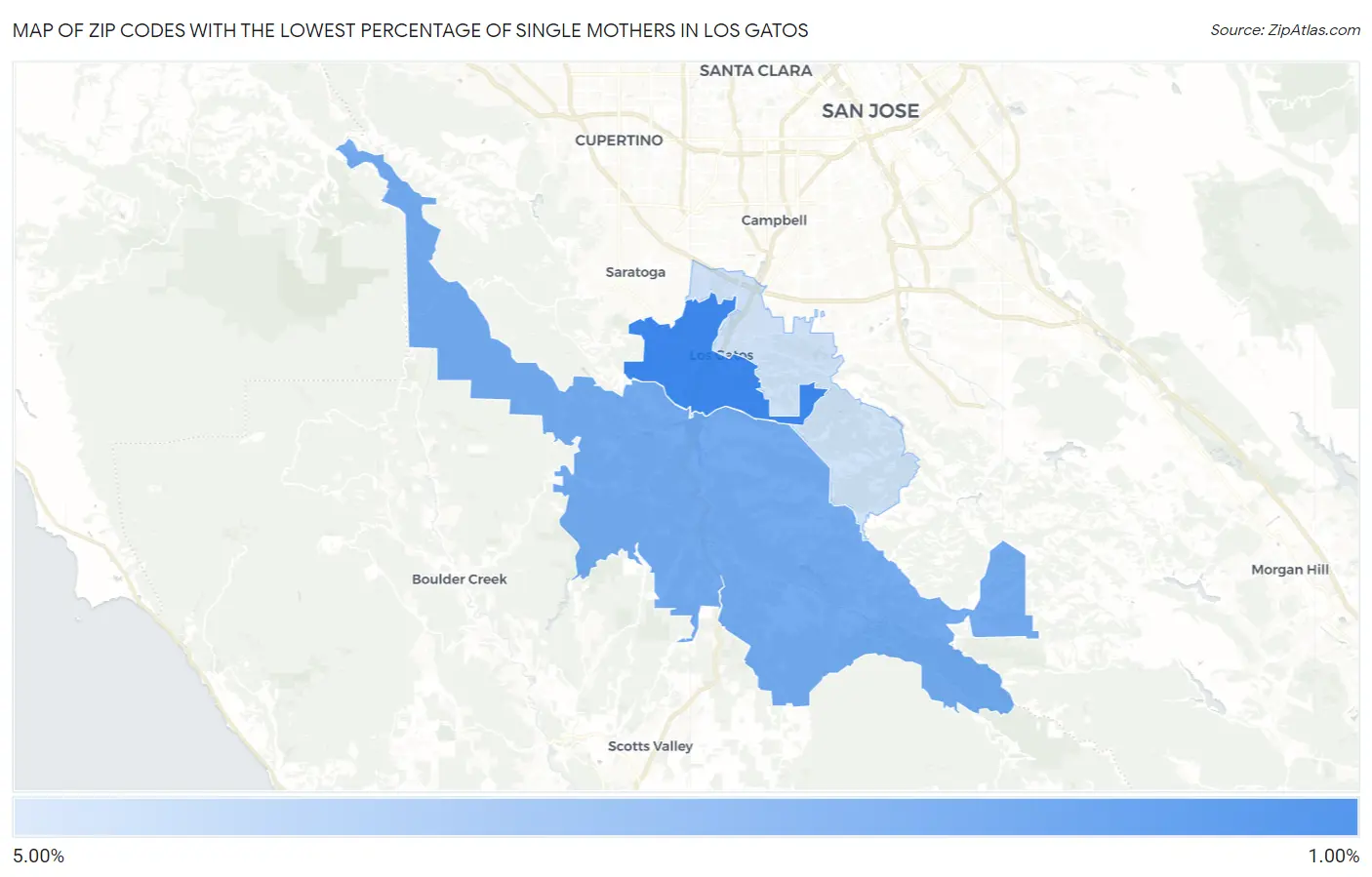 Zip Codes with the Lowest Percentage of Single Mothers in Los Gatos Map