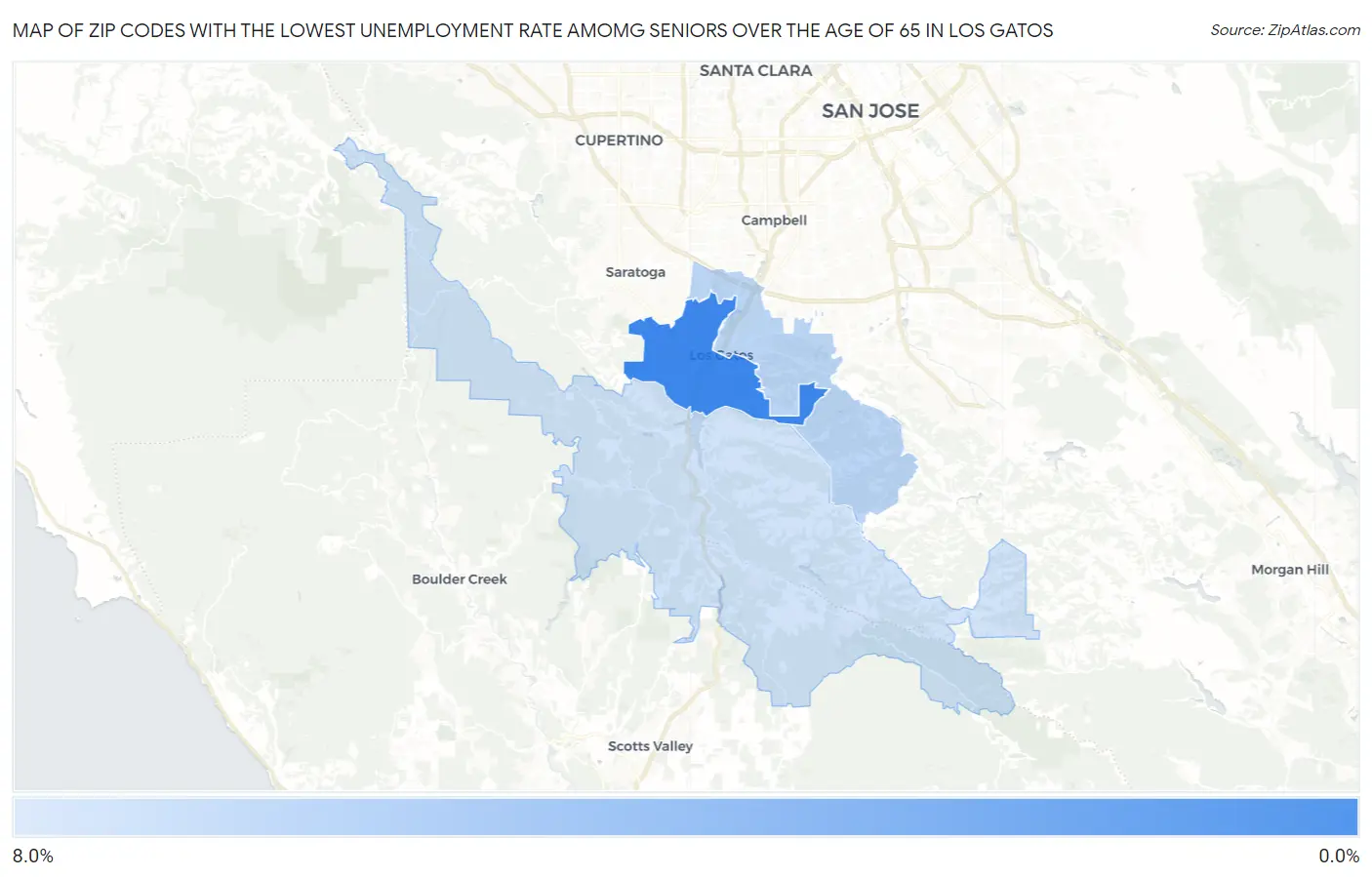 Zip Codes with the Lowest Unemployment Rate Amomg Seniors Over the Age of 65 in Los Gatos Map