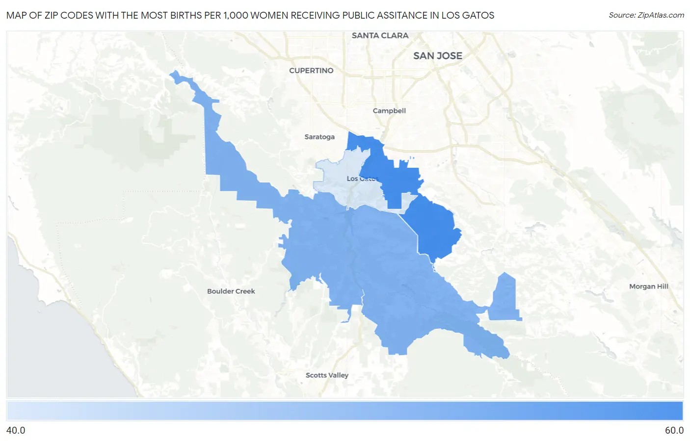 Zip Codes with the Most Births per 1,000 Women Receiving Public Assitance in Los Gatos Map