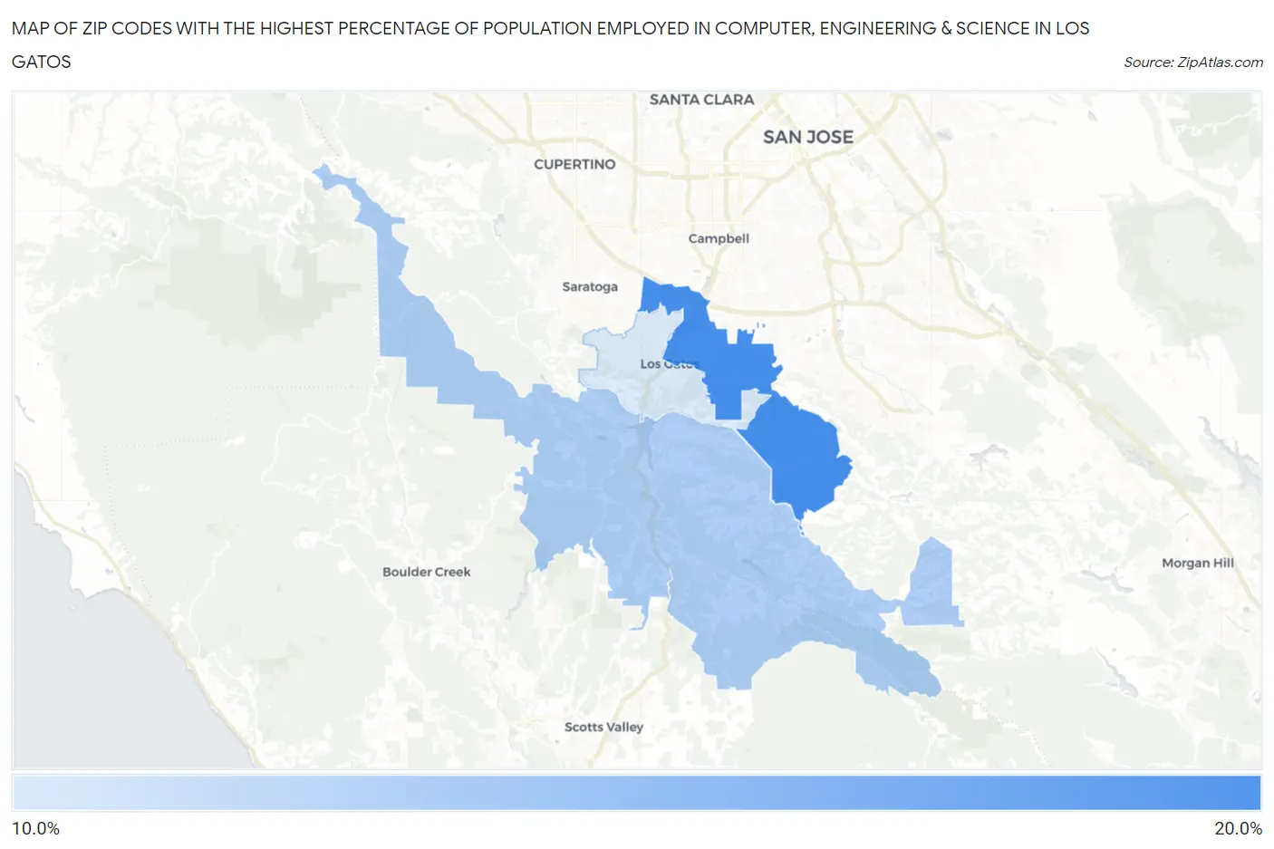 Zip Codes with the Highest Percentage of Population Employed in Computer, Engineering & Science in Los Gatos Map