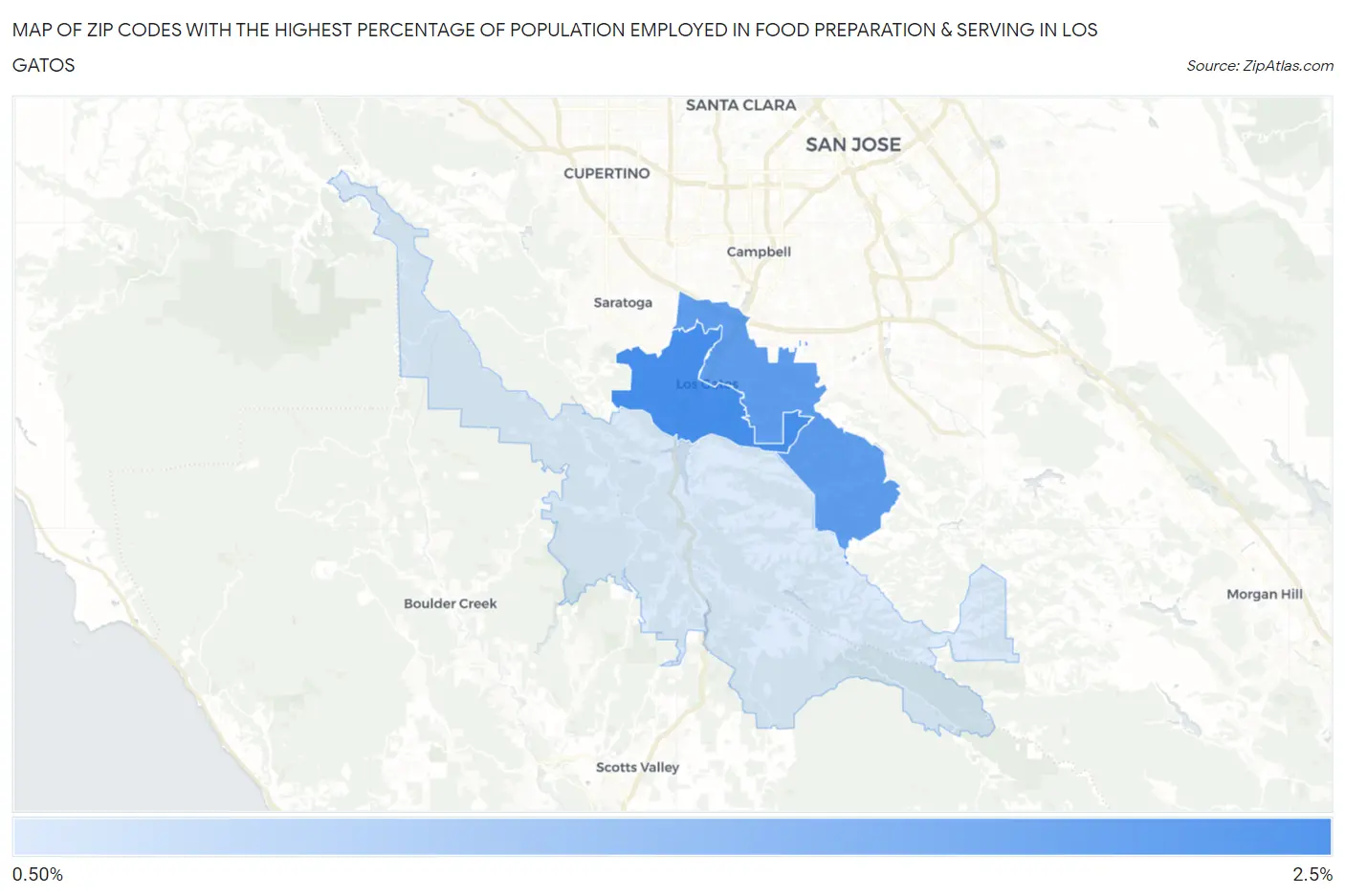 Zip Codes with the Highest Percentage of Population Employed in Food Preparation & Serving in Los Gatos Map