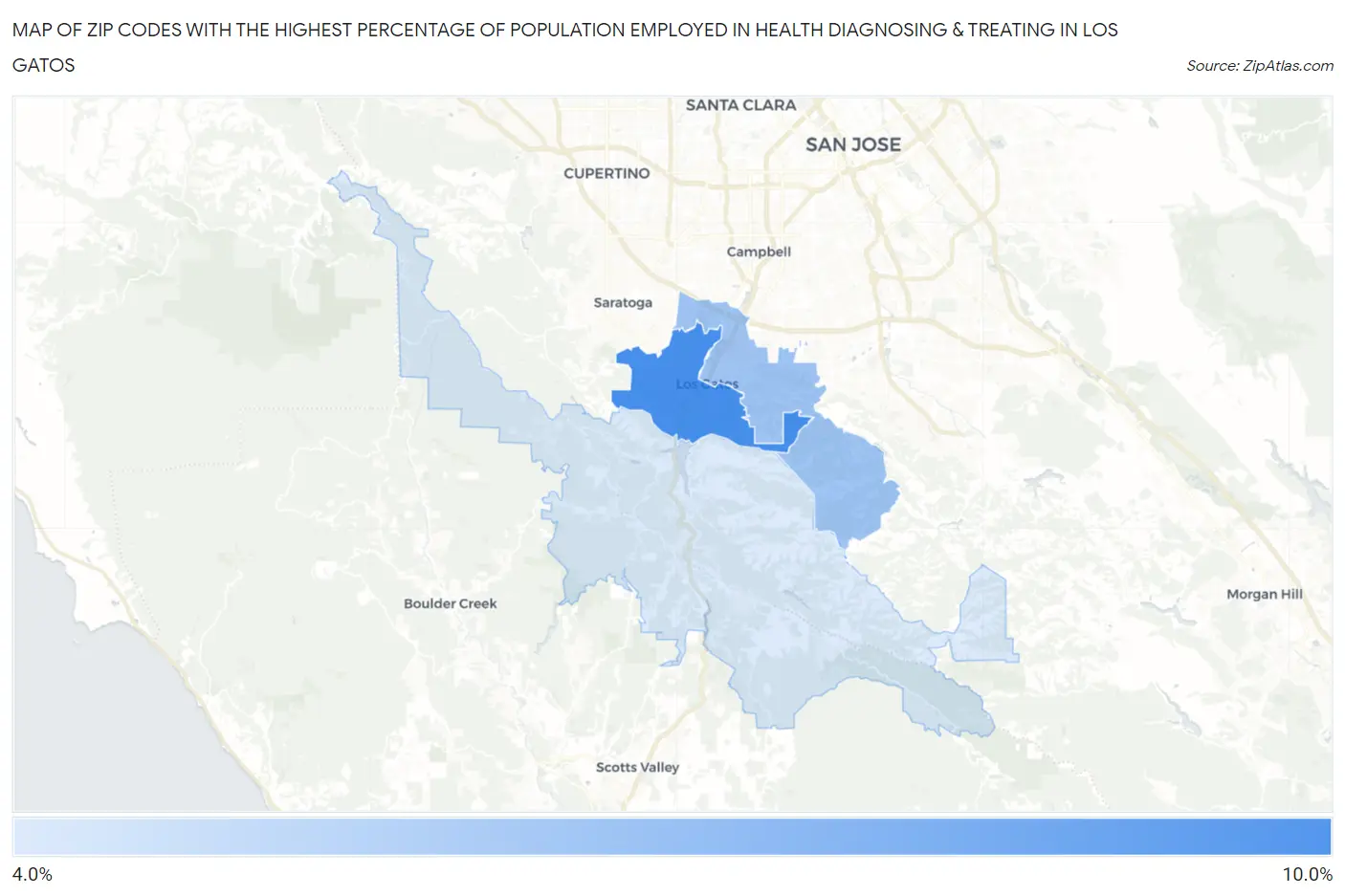 Zip Codes with the Highest Percentage of Population Employed in Health Diagnosing & Treating in Los Gatos Map