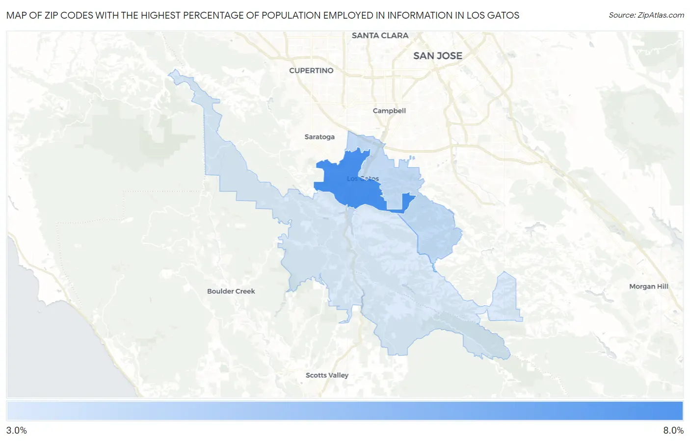 Zip Codes with the Highest Percentage of Population Employed in Information in Los Gatos Map