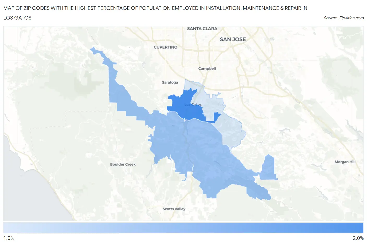 Zip Codes with the Highest Percentage of Population Employed in Installation, Maintenance & Repair in Los Gatos Map