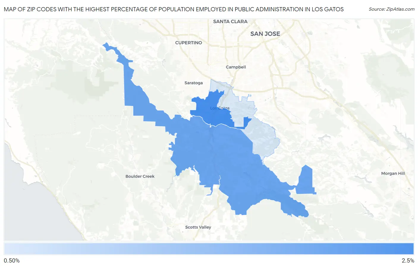 Zip Codes with the Highest Percentage of Population Employed in Public Administration in Los Gatos Map