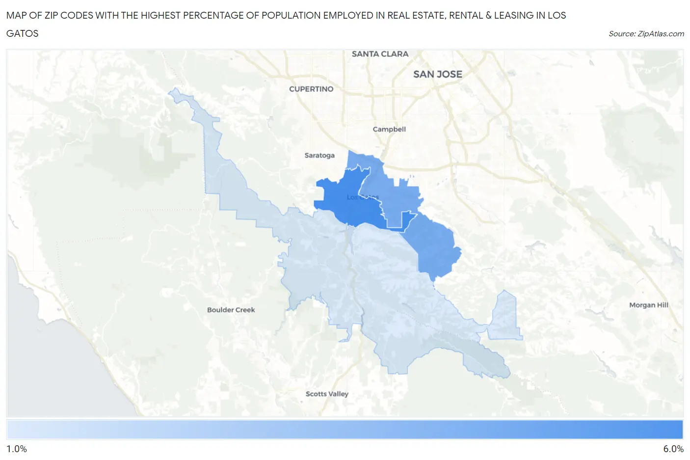 Zip Codes with the Highest Percentage of Population Employed in Real Estate, Rental & Leasing in Los Gatos Map