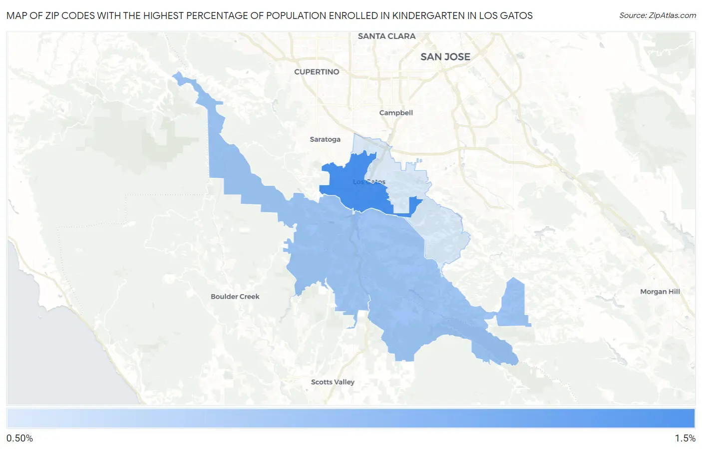Zip Codes with the Highest Percentage of Population Enrolled in Kindergarten in Los Gatos Map