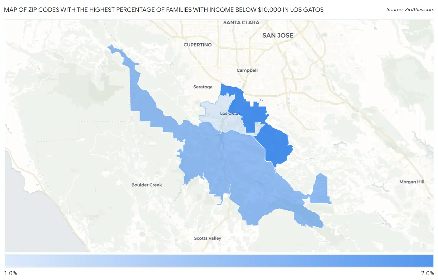 Zip Codes with the Highest Percentage of Families with Income Below $10,000 in Los Gatos Map