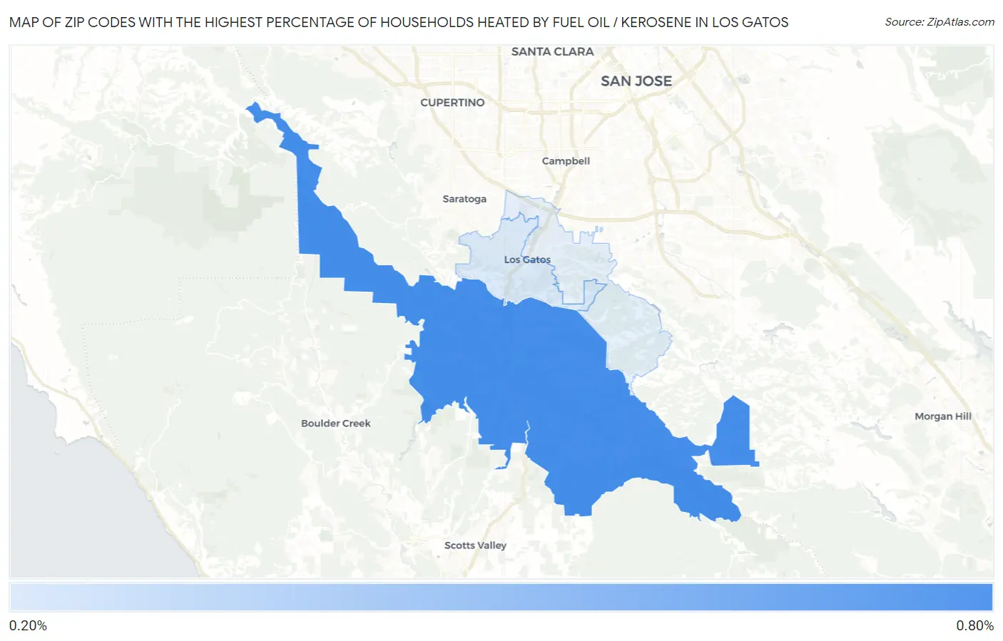 Zip Codes with the Highest Percentage of Households Heated by Fuel Oil / Kerosene in Los Gatos Map