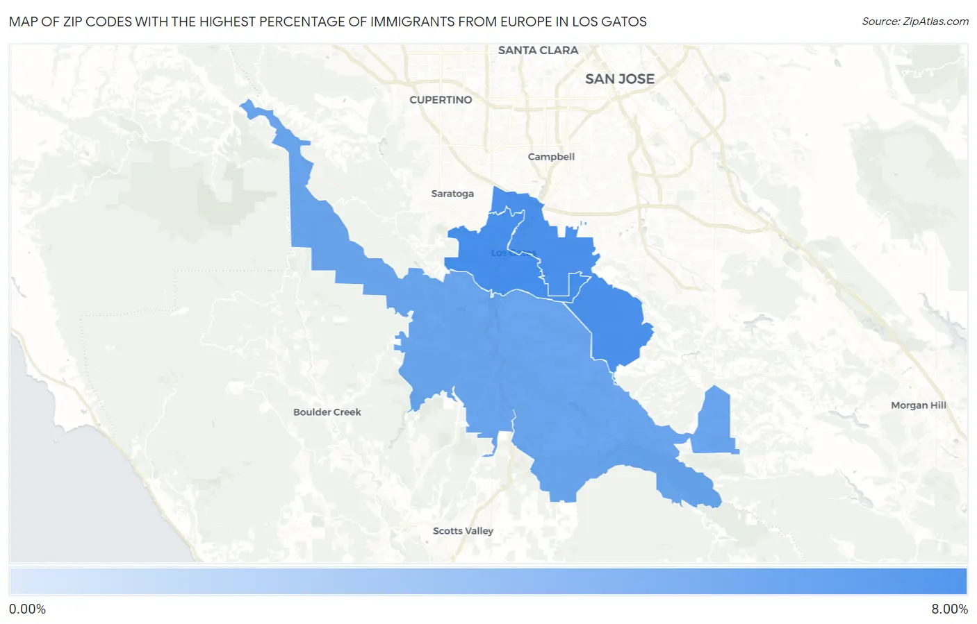 Zip Codes with the Highest Percentage of Immigrants from Europe in Los Gatos Map