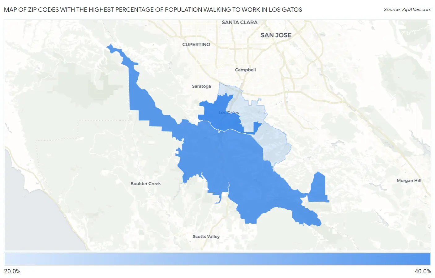 Zip Codes with the Highest Percentage of Population Walking to Work in Los Gatos Map