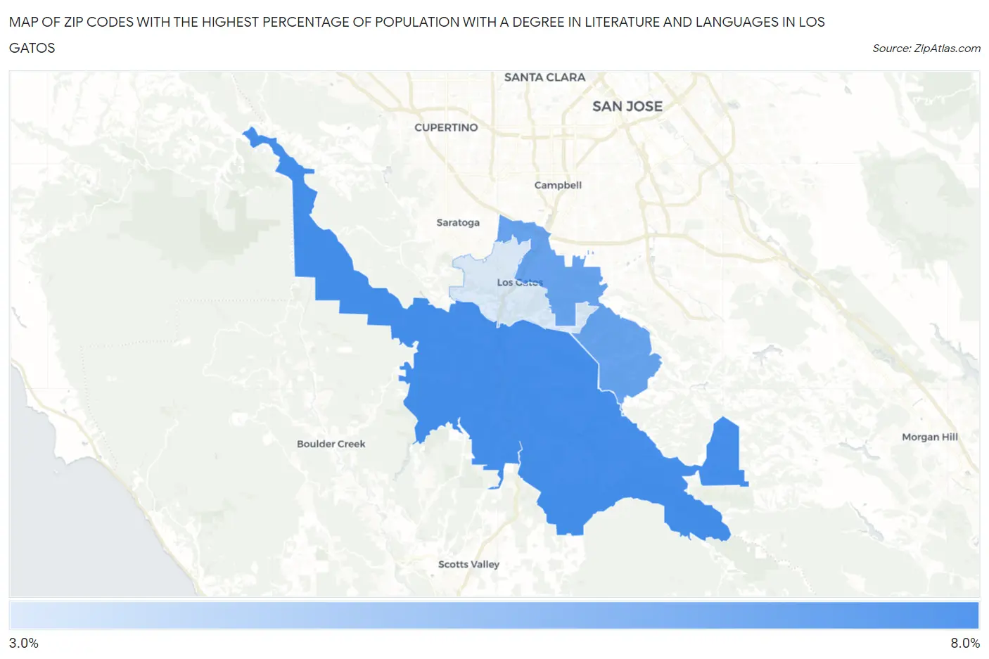 Zip Codes with the Highest Percentage of Population with a Degree in Literature and Languages in Los Gatos Map