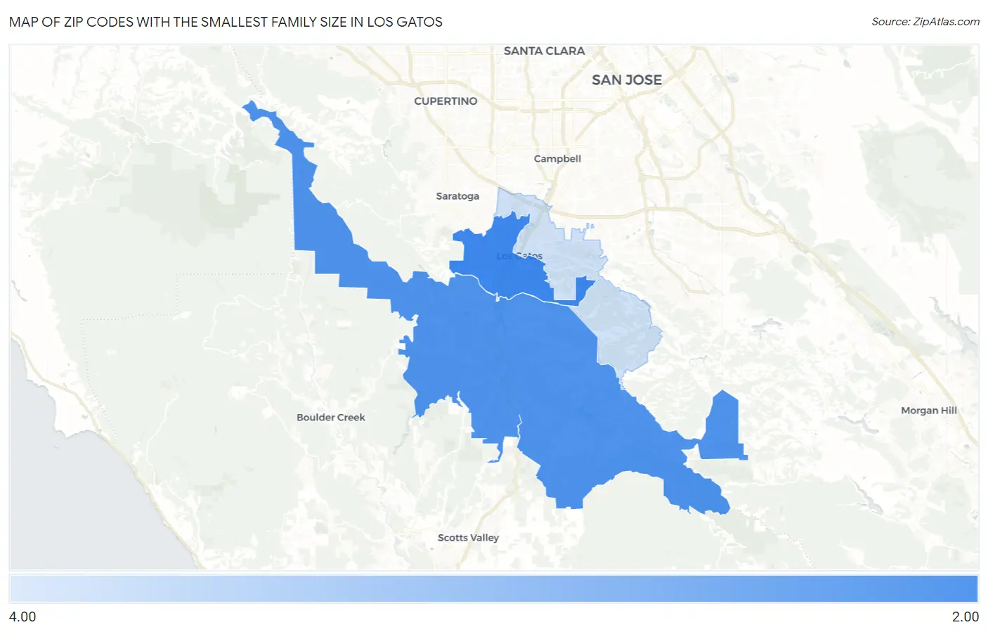 Zip Codes with the Smallest Family Size in Los Gatos Map