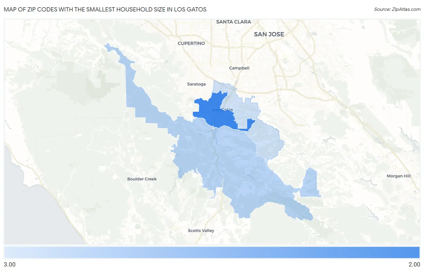 Zip Codes with the Smallest Household Size in Los Gatos Map