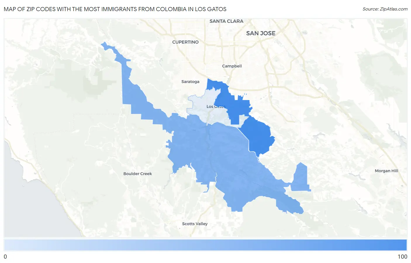 Zip Codes with the Most Immigrants from Colombia in Los Gatos Map