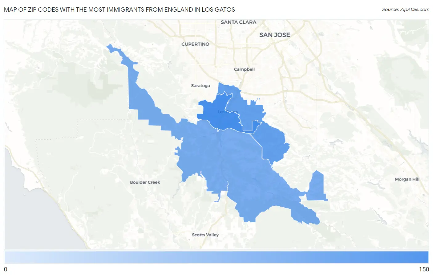 Zip Codes with the Most Immigrants from England in Los Gatos Map