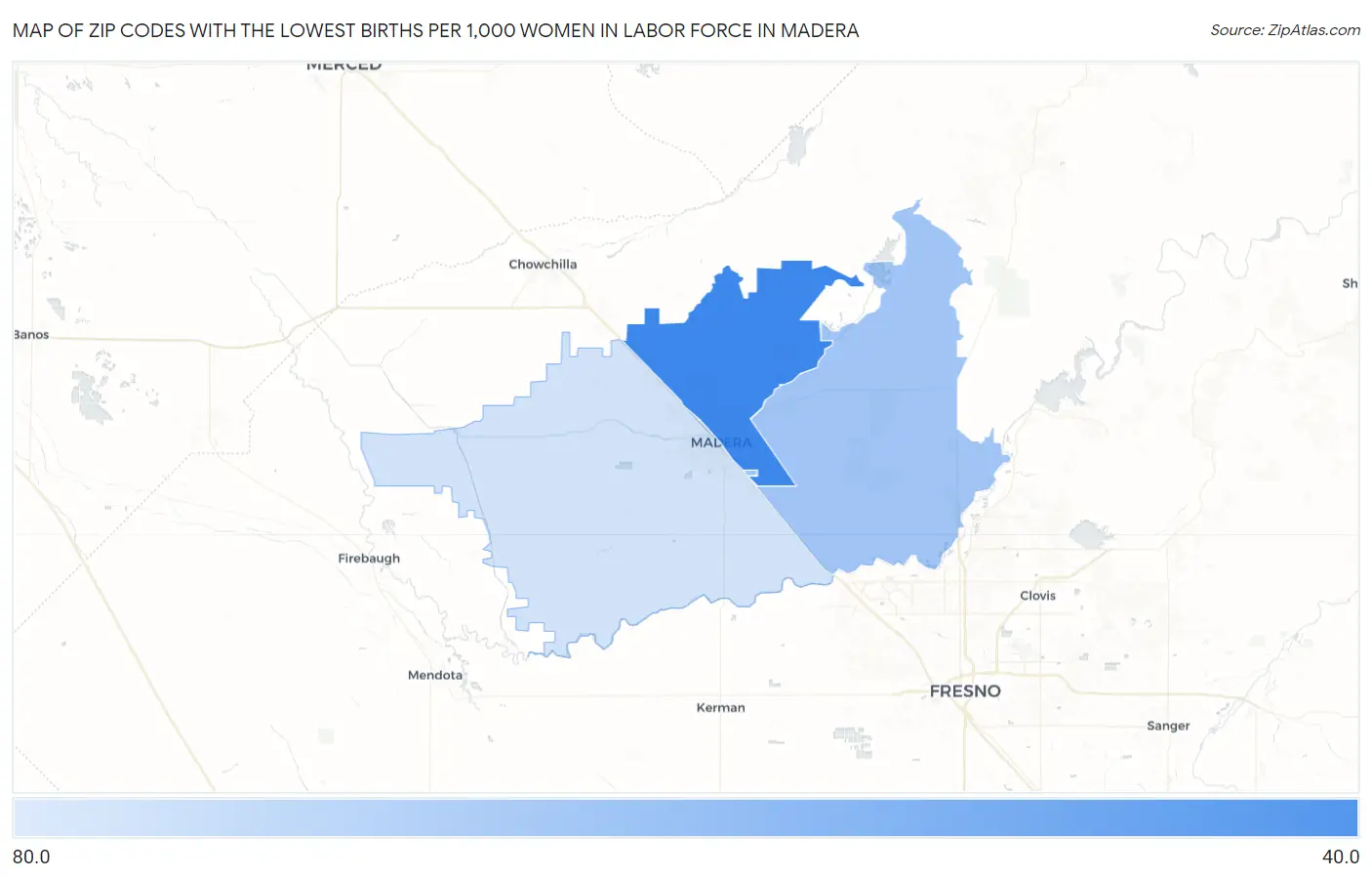 Zip Codes with the Lowest Births per 1,000 Women in Labor Force in Madera Map