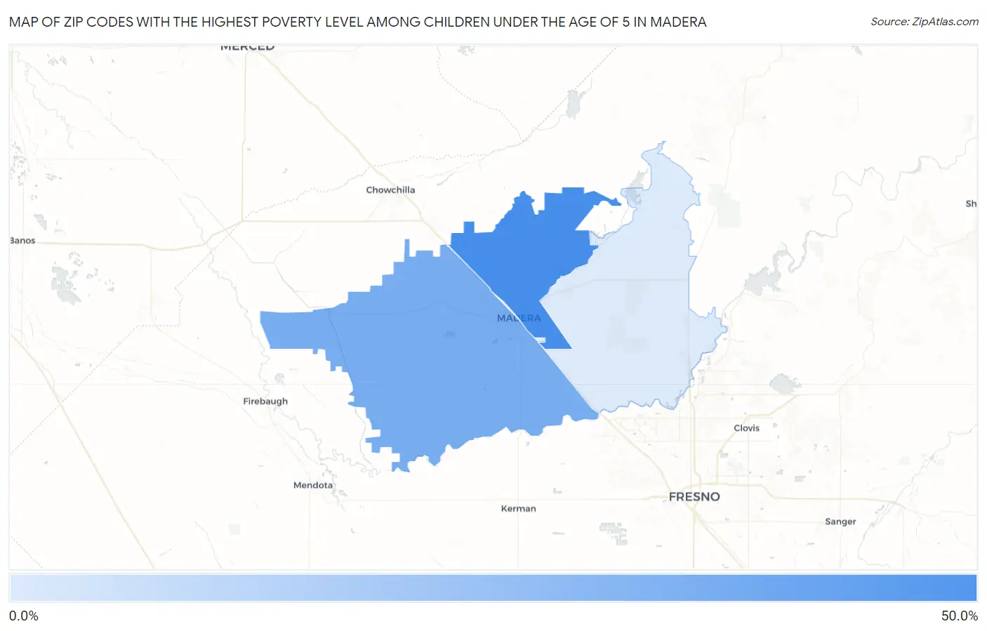 Zip Codes with the Highest Poverty Level Among Children Under the Age of 5 in Madera Map