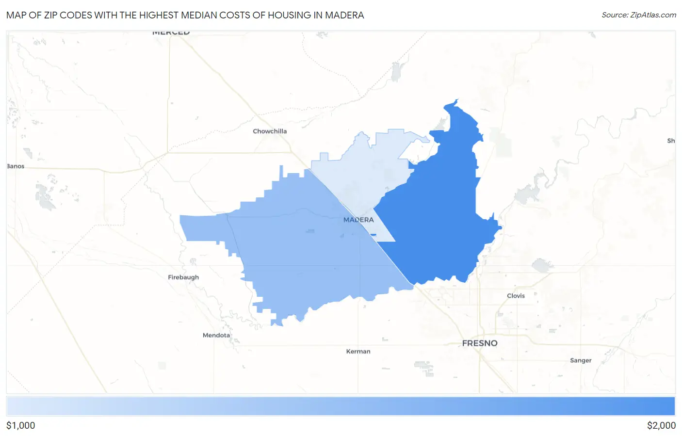 Zip Codes with the Highest Median Costs of Housing in Madera Map