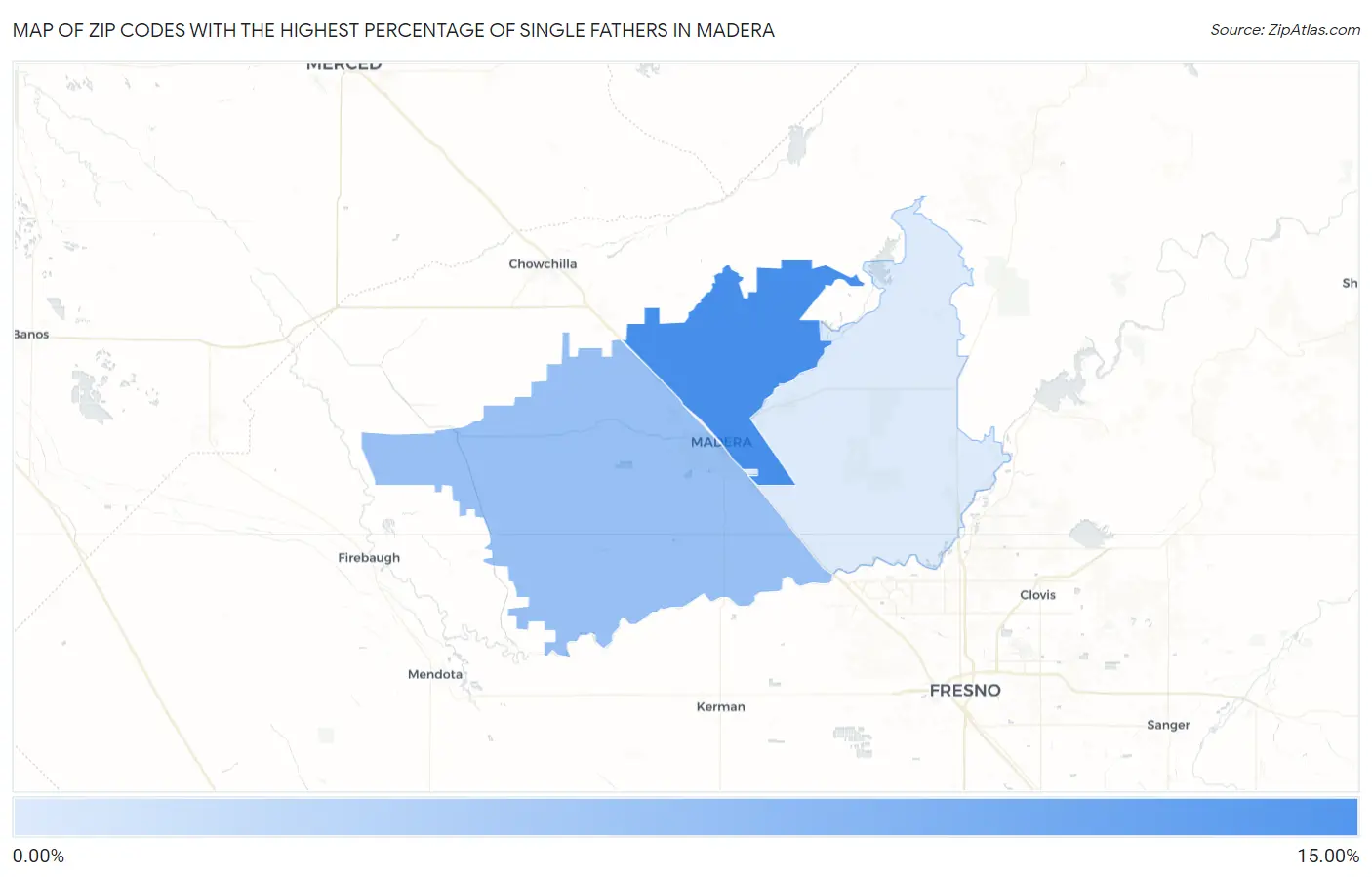 Zip Codes with the Highest Percentage of Single Fathers in Madera Map