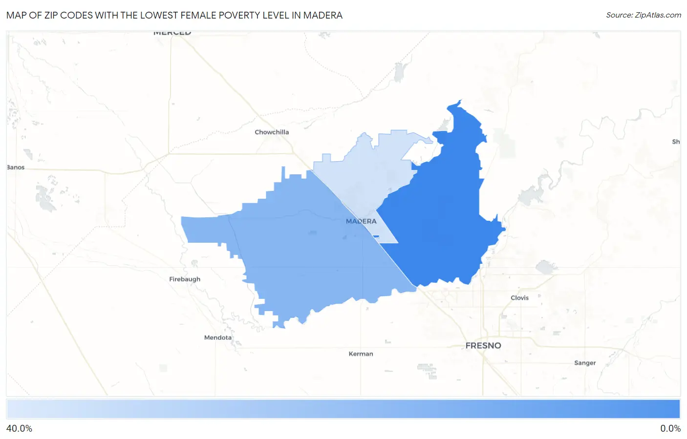 Zip Codes with the Lowest Female Poverty Level in Madera Map