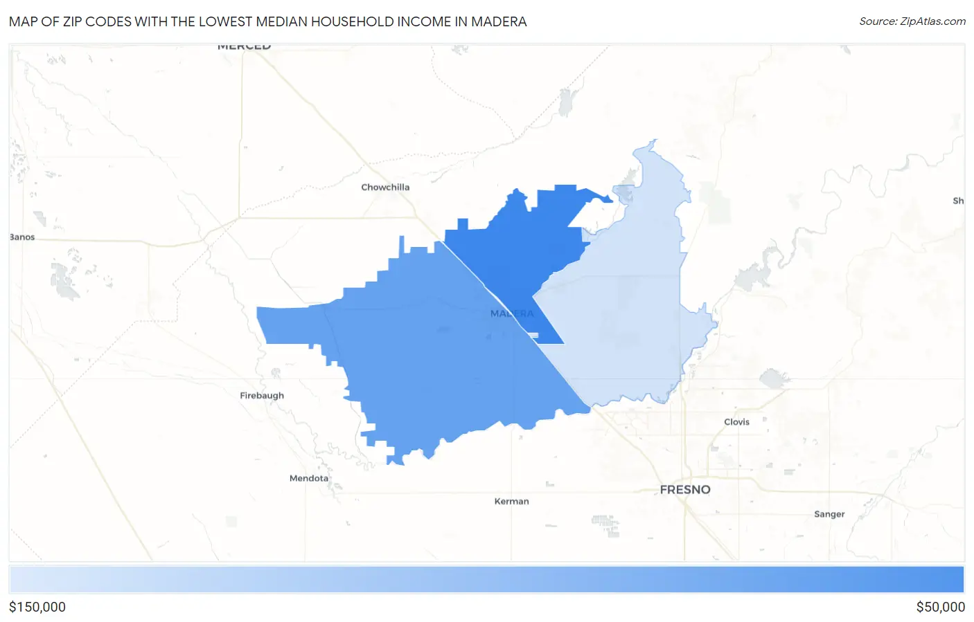 Zip Codes with the Lowest Median Household Income in Madera Map